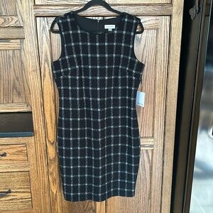 NWT Calvin Klein Sleeveless Windowpane Plaid Sheath Dress White Black Women’s 12